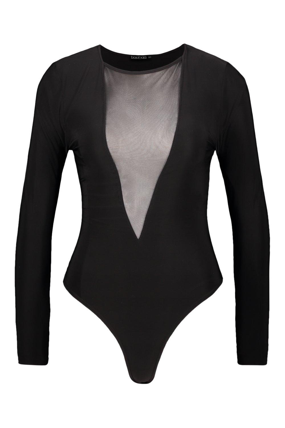 Mesh Insert Plunge Long Sleeve Bodysuit boohoo UK