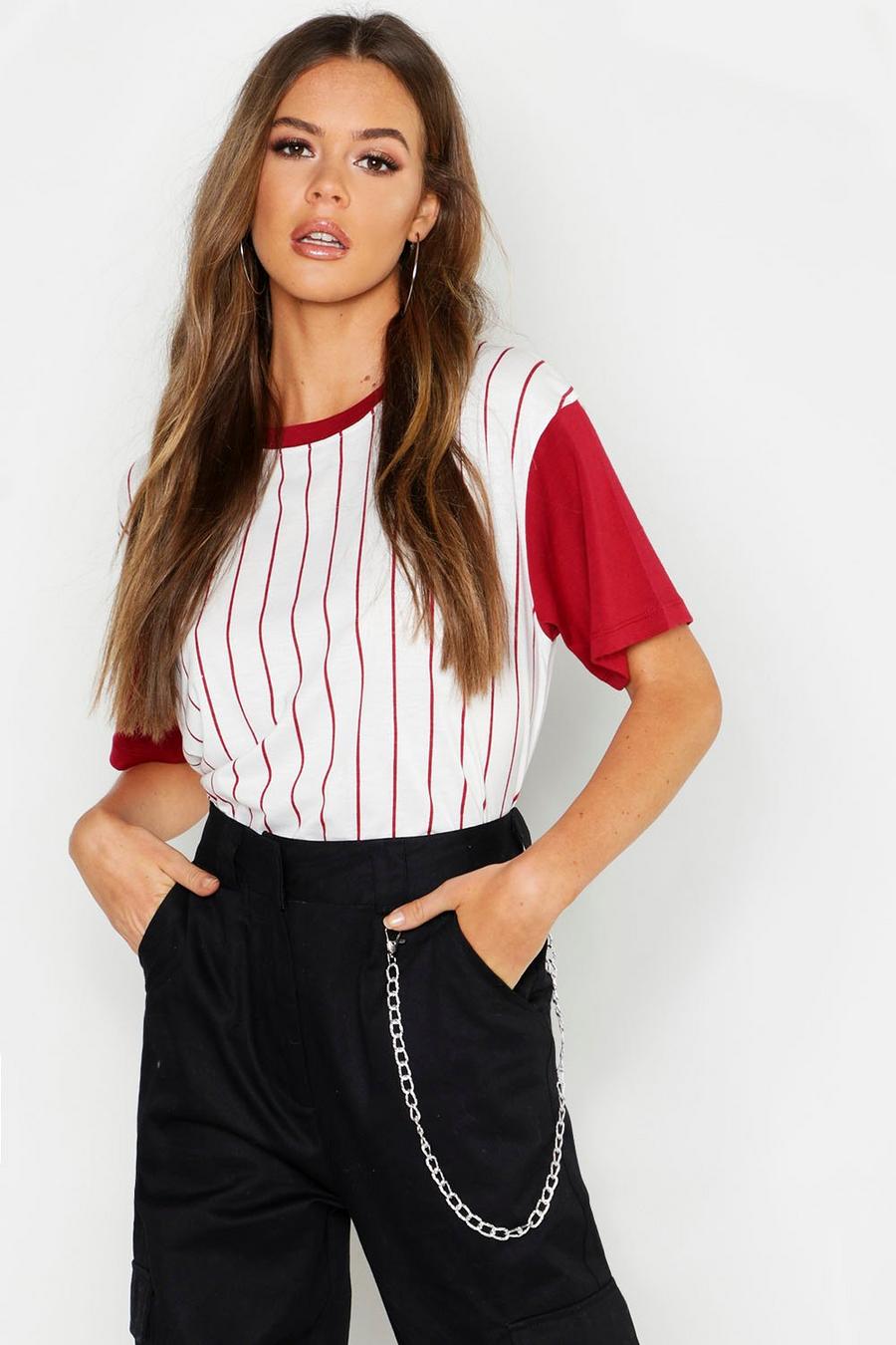 Red Colour Block Oversized Stripe T-Shirt image number 1
