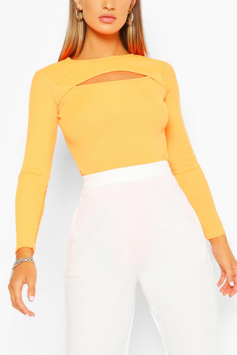 Neon-orange Basic Geribbelde Sleutelgat Bodysuit Met Franjes image number 1