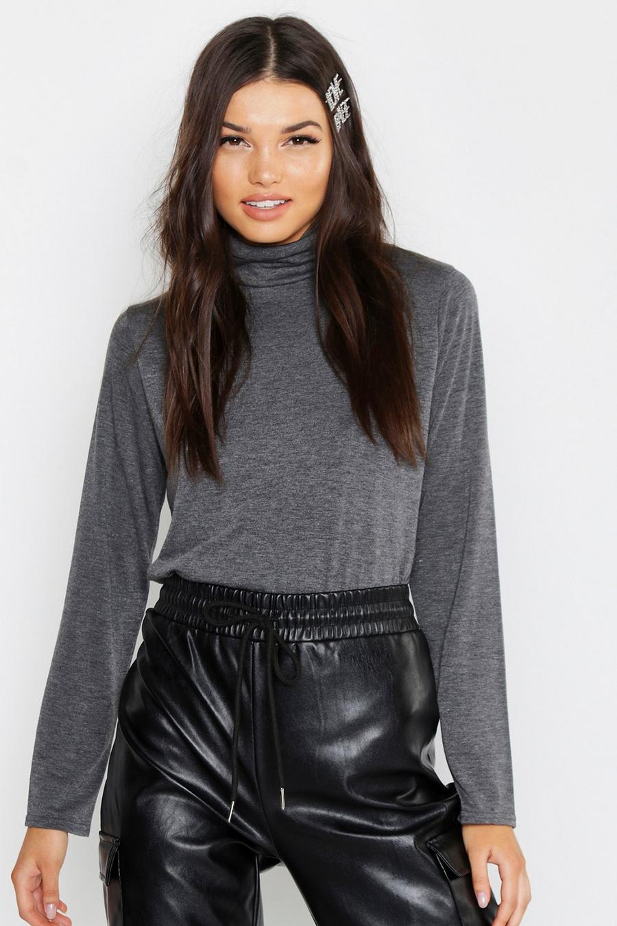 Charcoal Basic Loose Fitting Turtle Neck T-Shirt image number 1