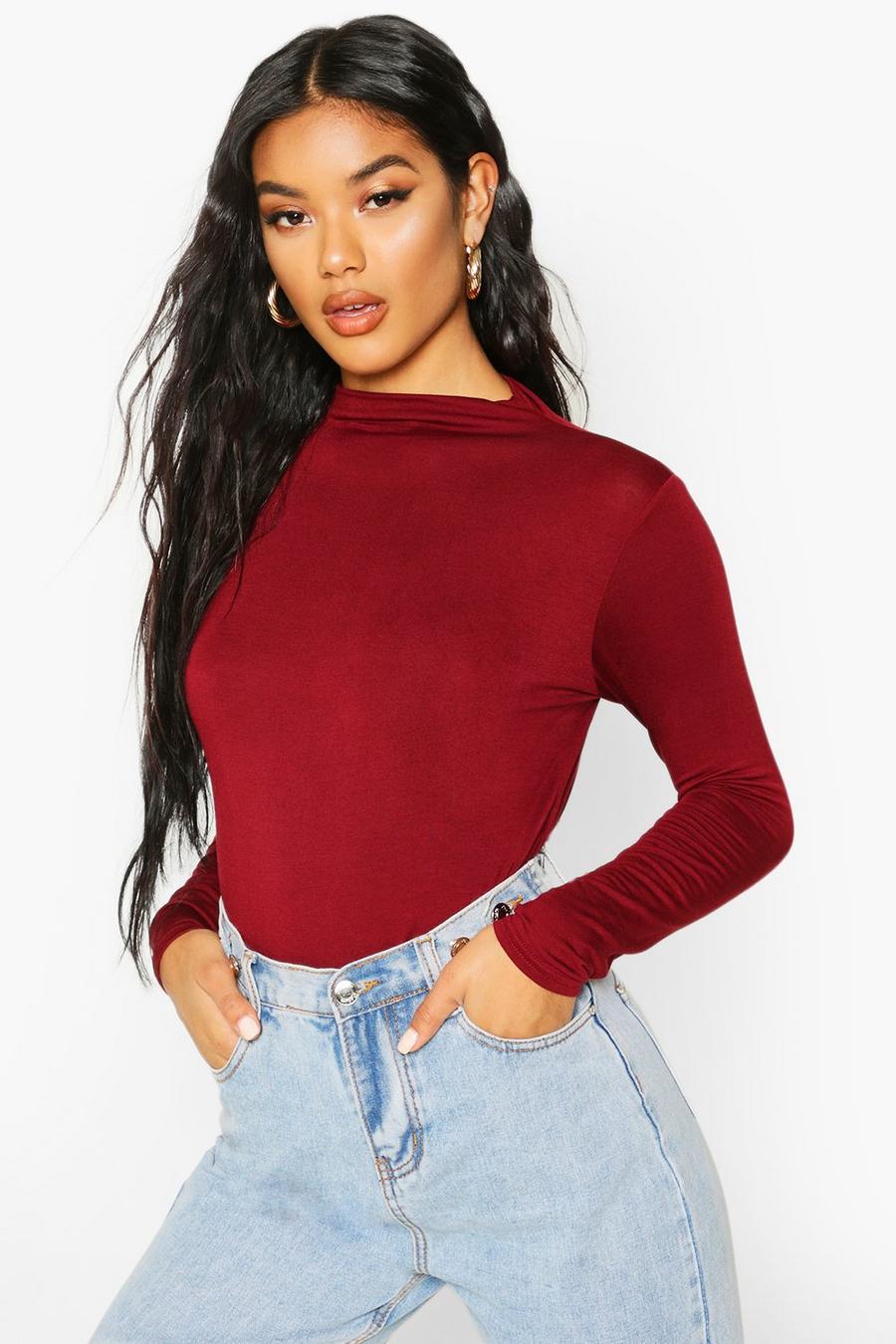 Berry Basic Funnel Neck Long Sleeve Crop Top image number 1