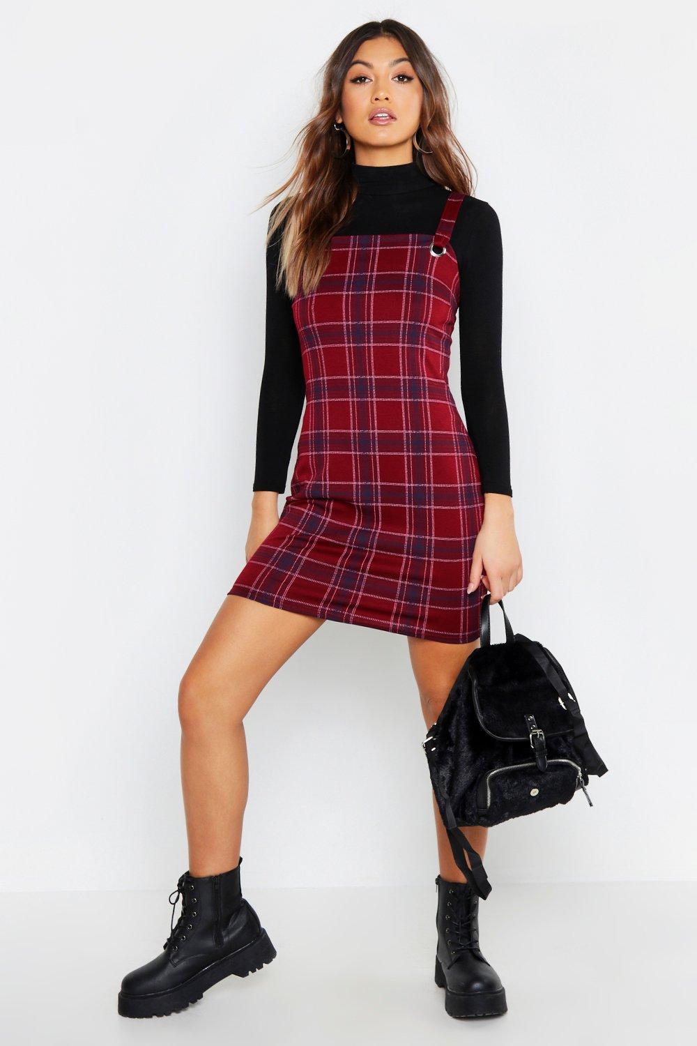 red check pinafore dress