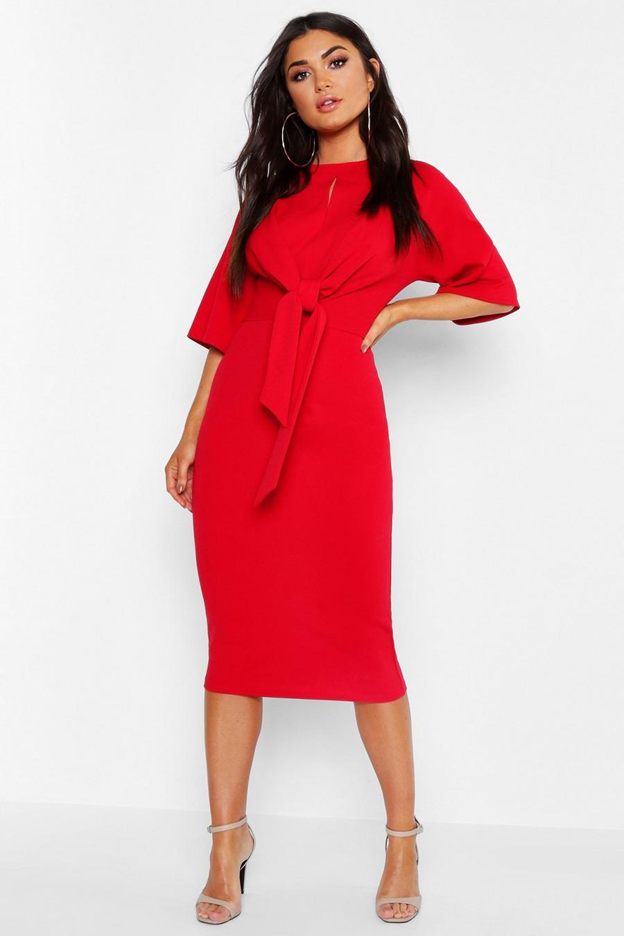 Red Knot Front Detail Wrap Midi Dress image number 1