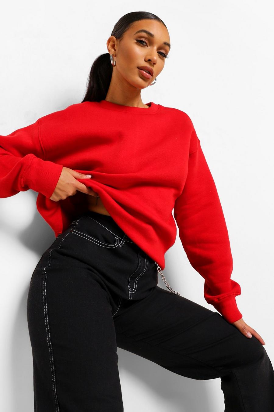 Red Basic Crew Neck Oversized Sweater image number 1