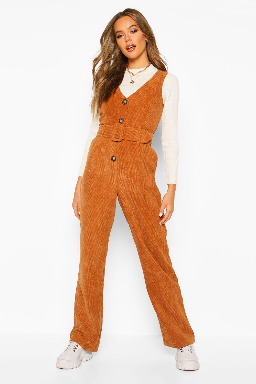 Cord Pinafore Belted Jumpsuit boohoo UK