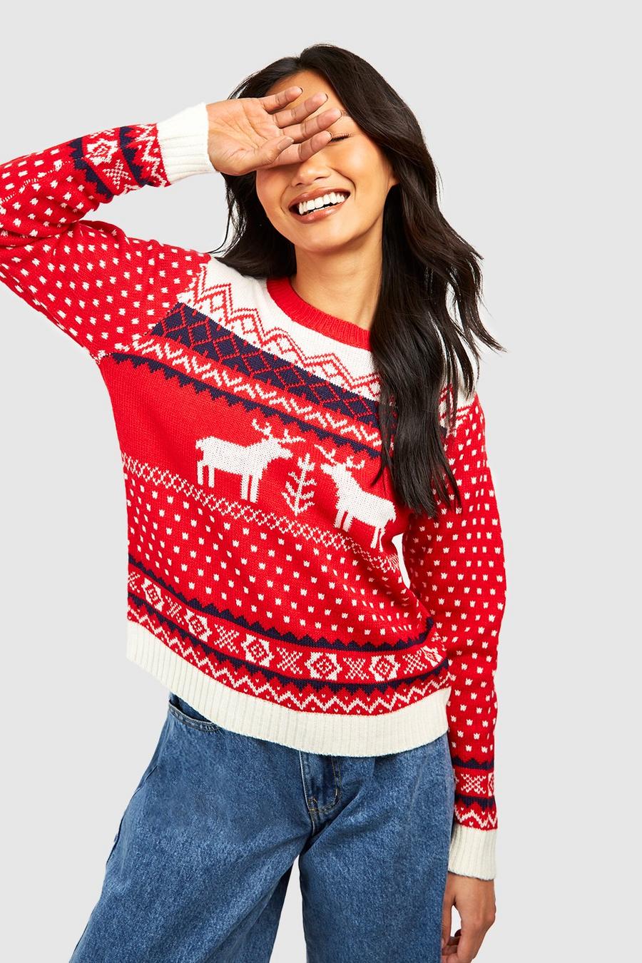 Red Aztec Fairisle Reindeer Christmas Sweater image number 1