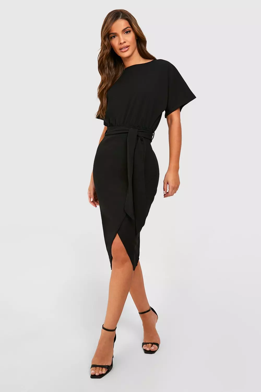 Slash Neck Tie Waist Midi Dress