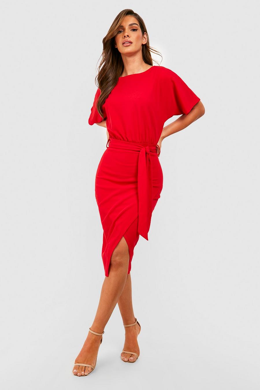 אדום שמלת מידי עם קשירה במותן וצווארון אלכסוני image number 1