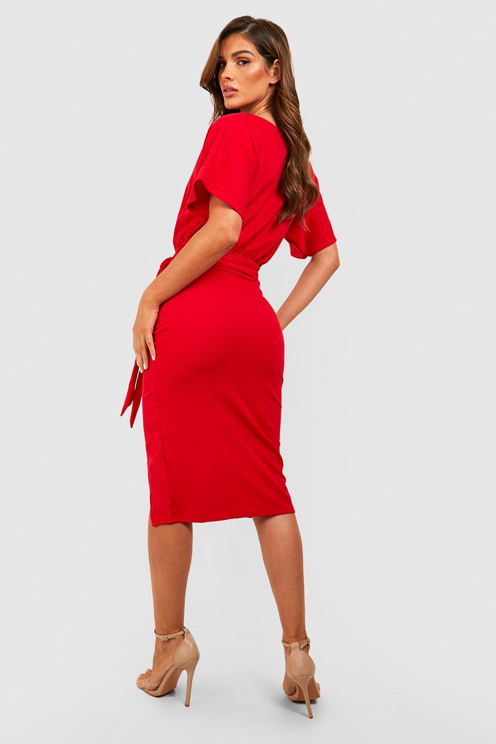 Slash Neck Tie Waist Midi Dress