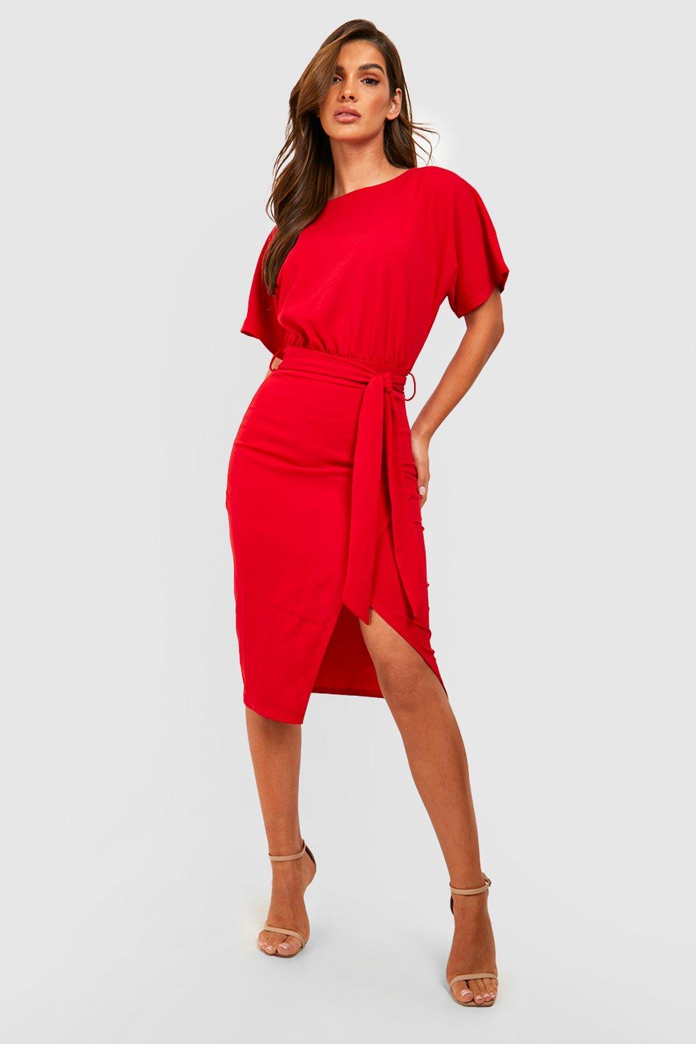 Boohoo red dress midi hotsell