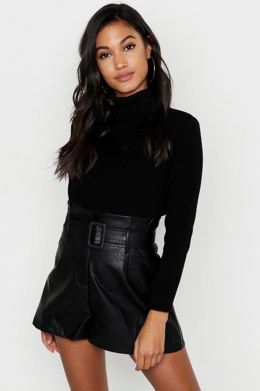 Black Faux Leather Belted Shorts image number 1
