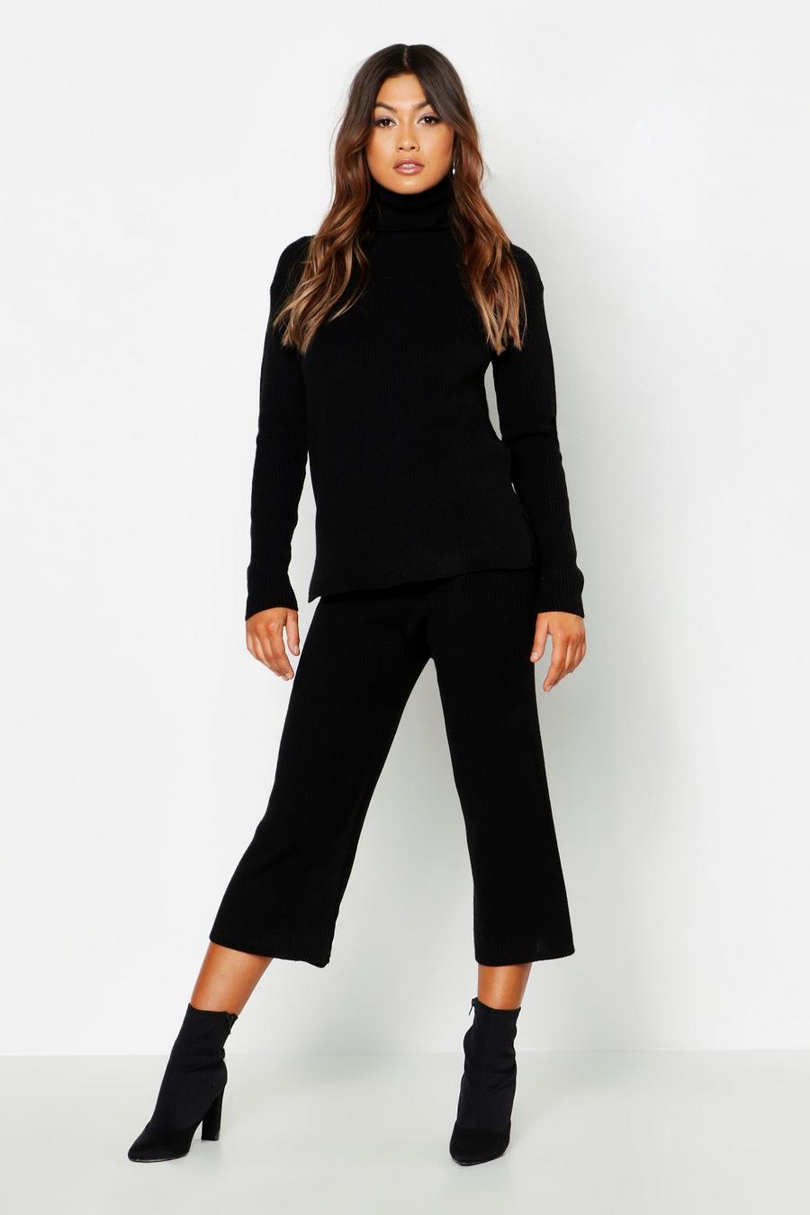 Black Roll Neck Culotte Knitted Co-Ord image number 1