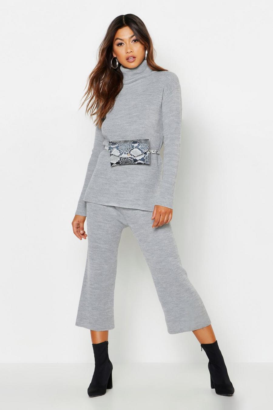 Silver Roll Neck Culotte Knitted Co-Ord image number 1