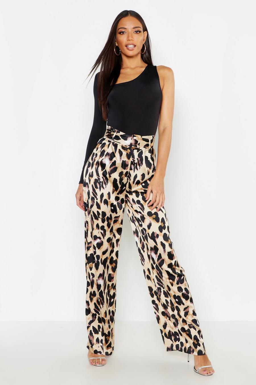 Tan Satin Leopard Belted Wide Leg Trousers image number 1