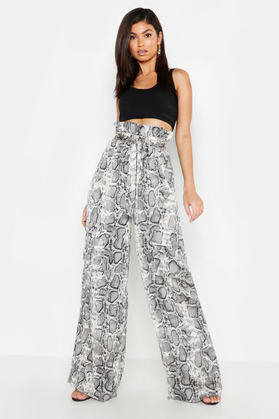 Grey Satin Snake Paper Bag Wide Cargo Trousers image number 1