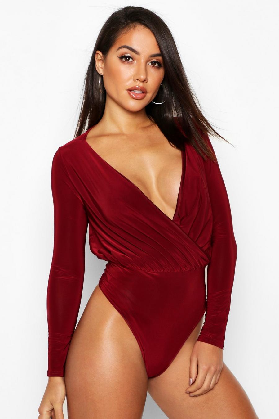 Berry Long Sleeve Wrap Front Bodysuit image number 1