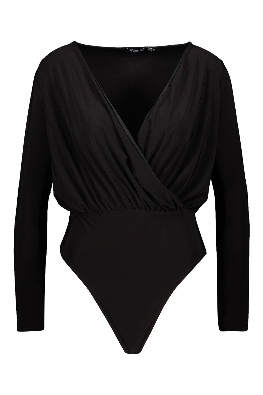 Women's Black Long Sleeve Wrap Front Bodysuit