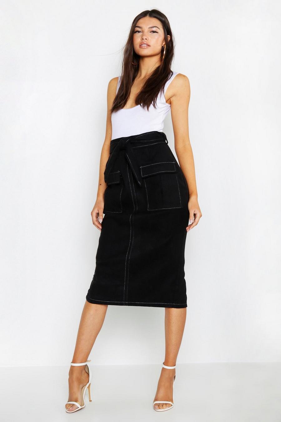 Falda midi estilo funcional con bolsillos y puntadas en contraste, Negro image number 1