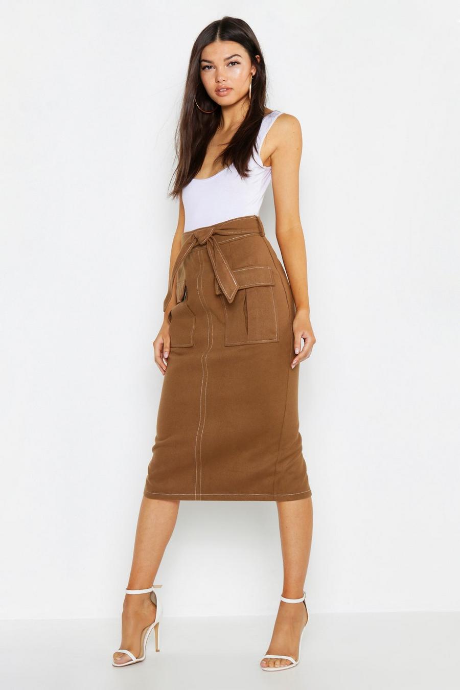 Falda midi estilo funcional con bolsillos y puntadas en contraste, Oliva image number 1
