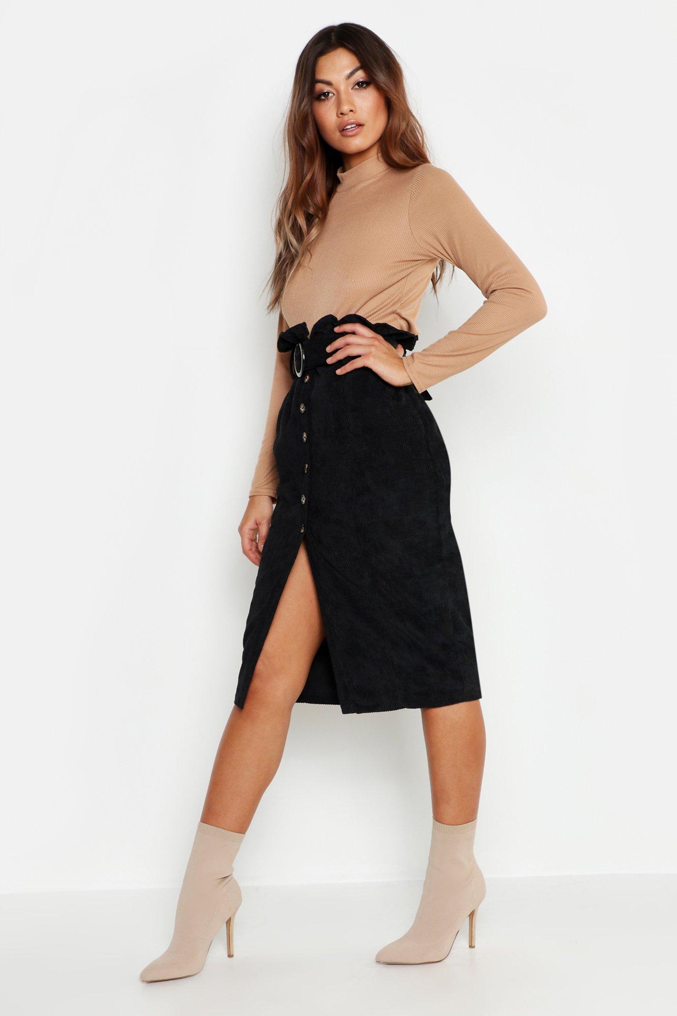 Black cord skirt on sale boohoo