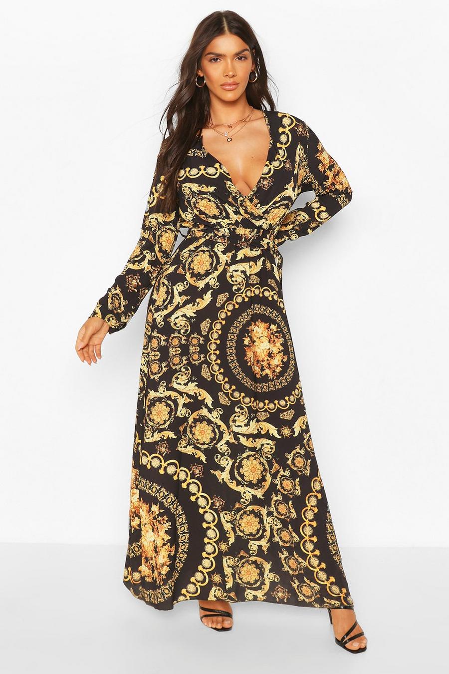 Black Chain Print Wrap Front Maxi Dress image number 1