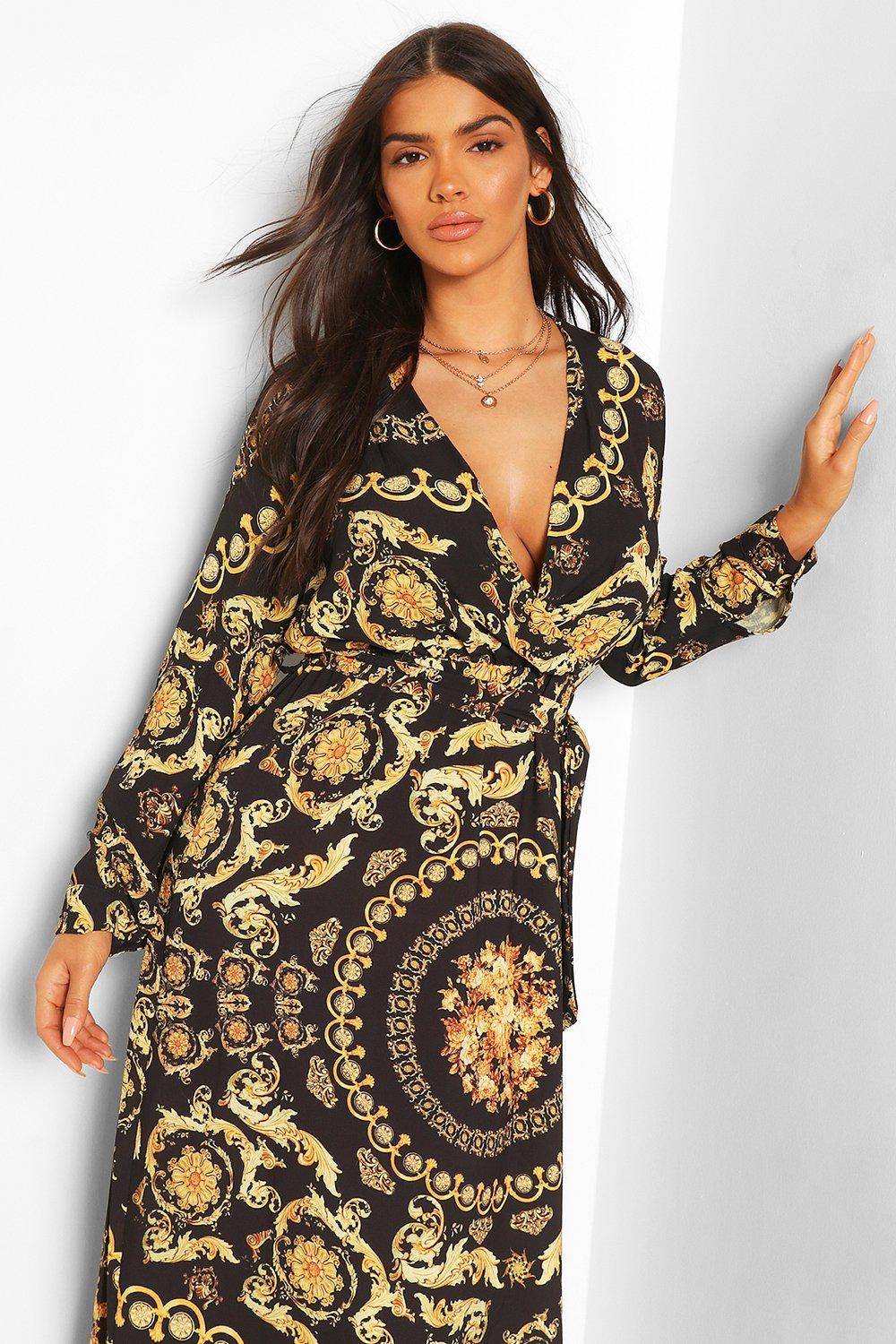 chain print wrap dress