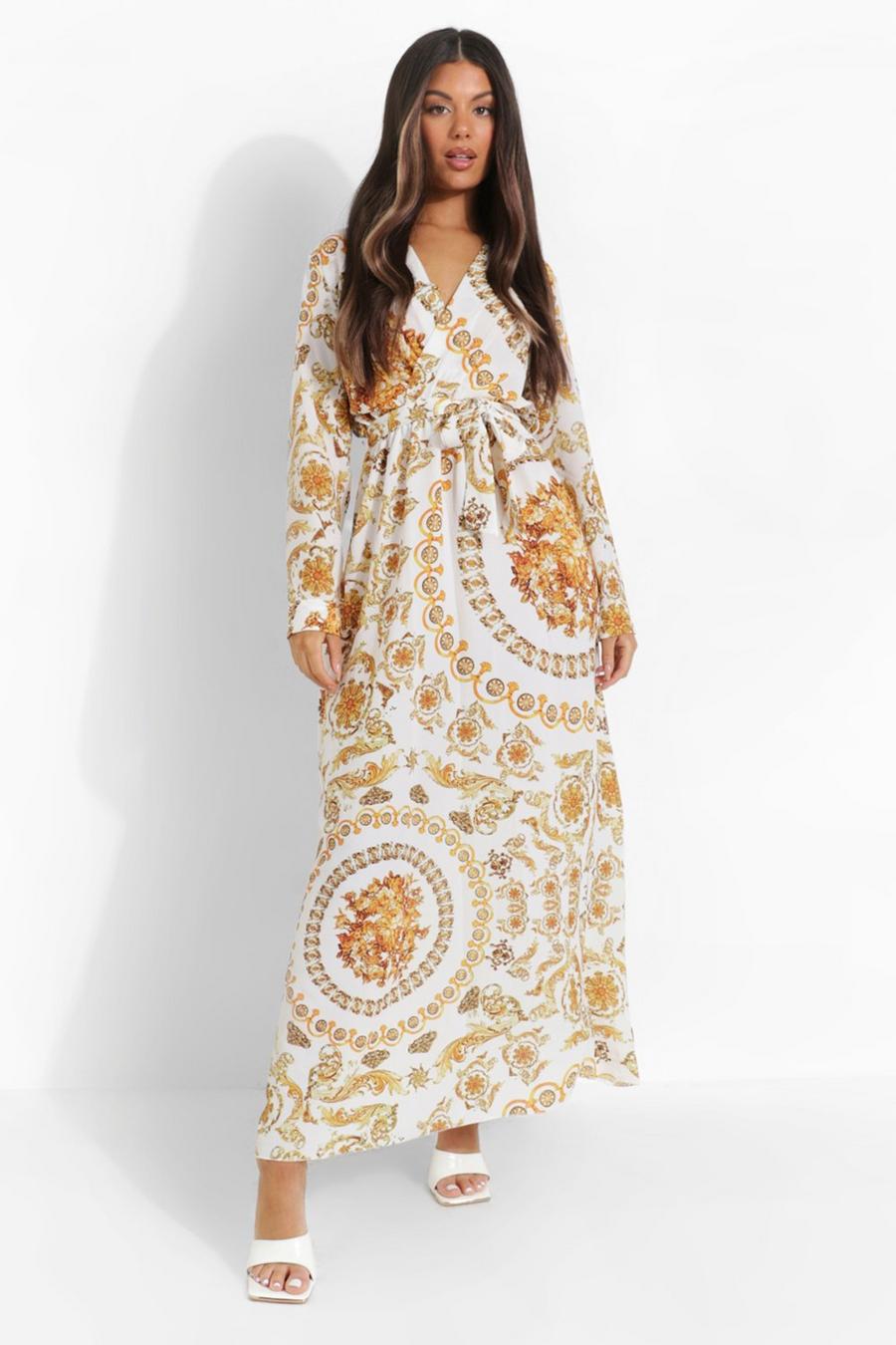 White Chain Print Wrap Front Maxi Dress image number 1