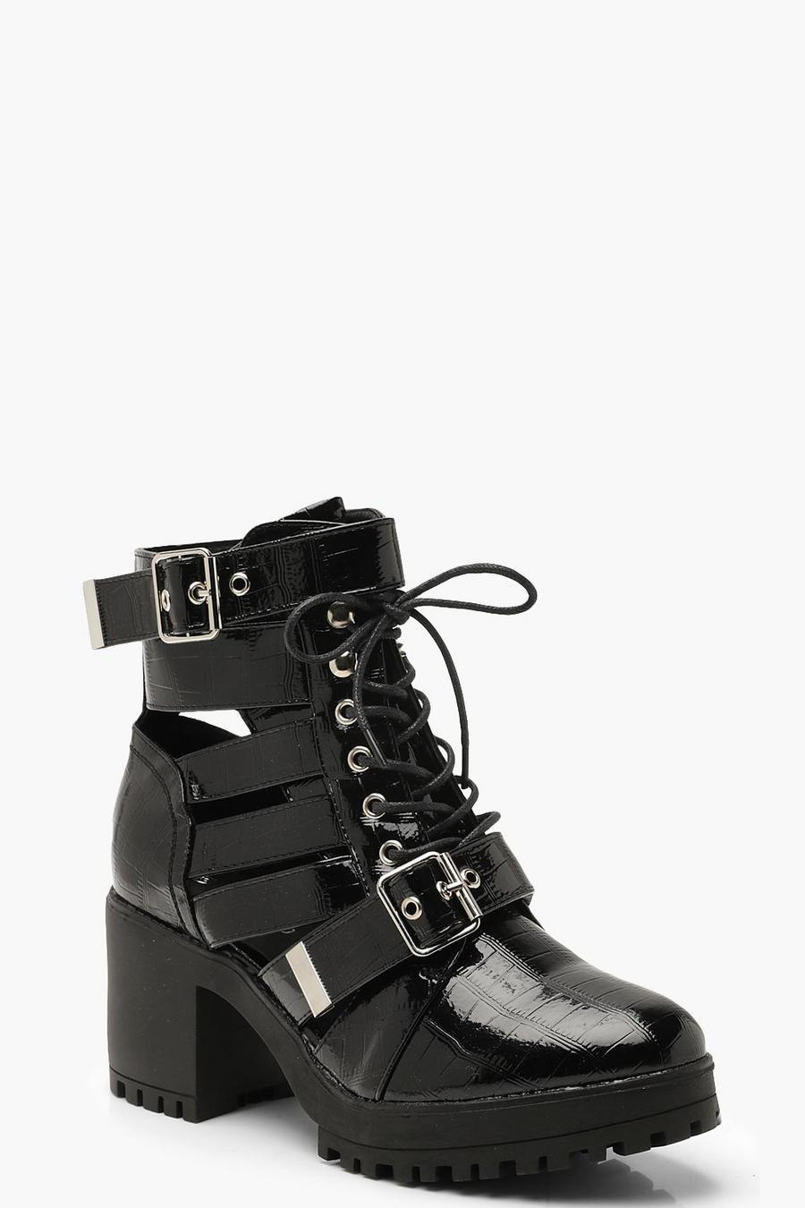 Black Cut Work Chunky Combat Boots image number 1