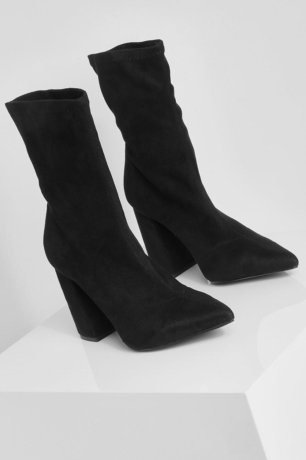 Faux Suede Pointed Block Heel Sock Boots boohoo UK