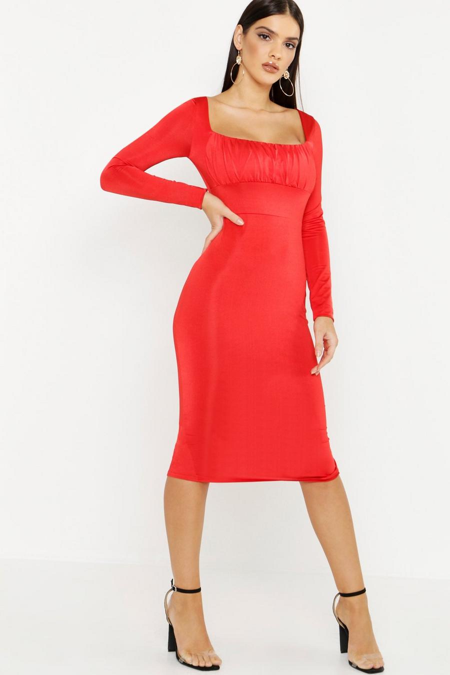 Square Neck Ruched Long Sleeve Midi Dress image number 1