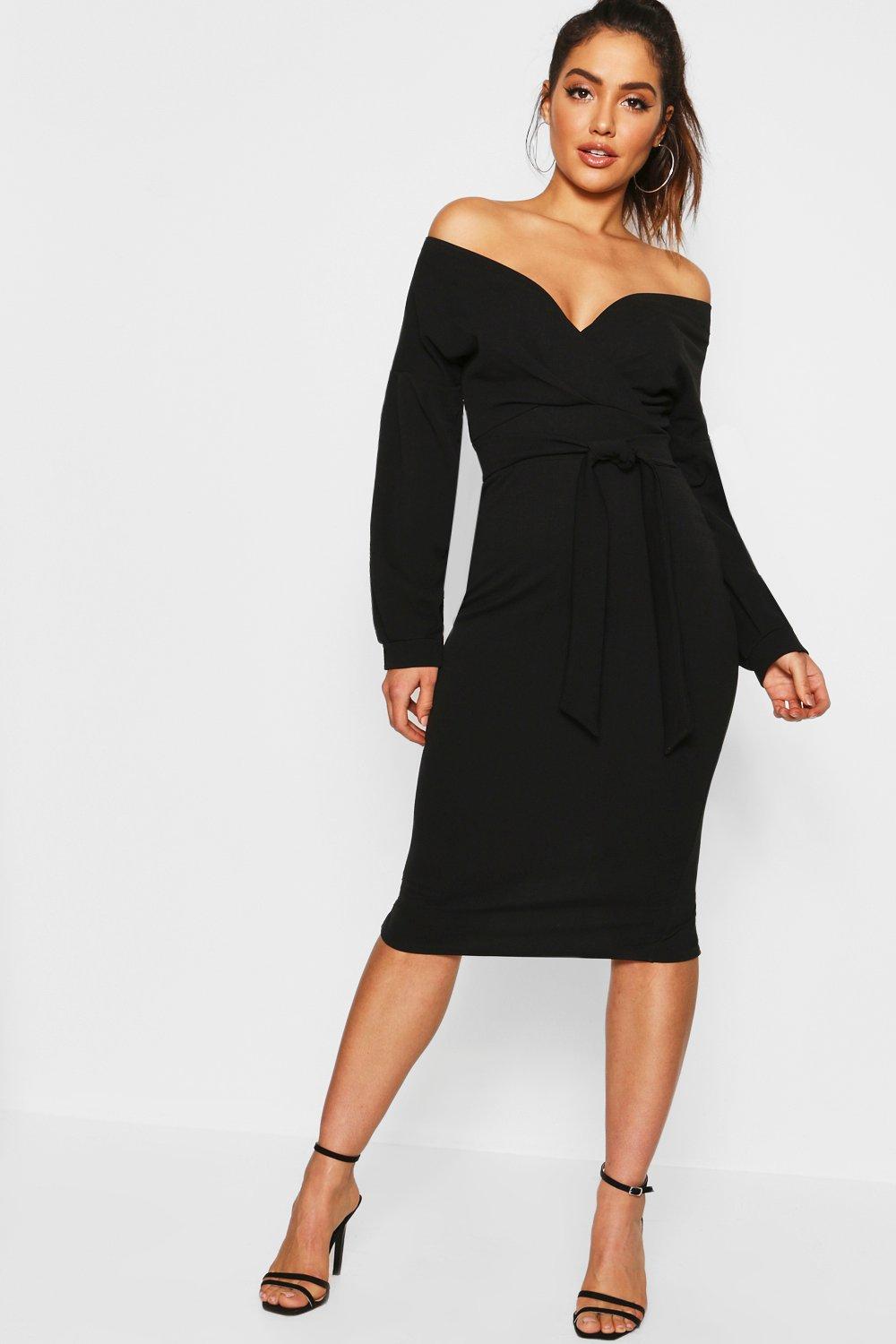 off the shoulder wrap midi dress boohoo review