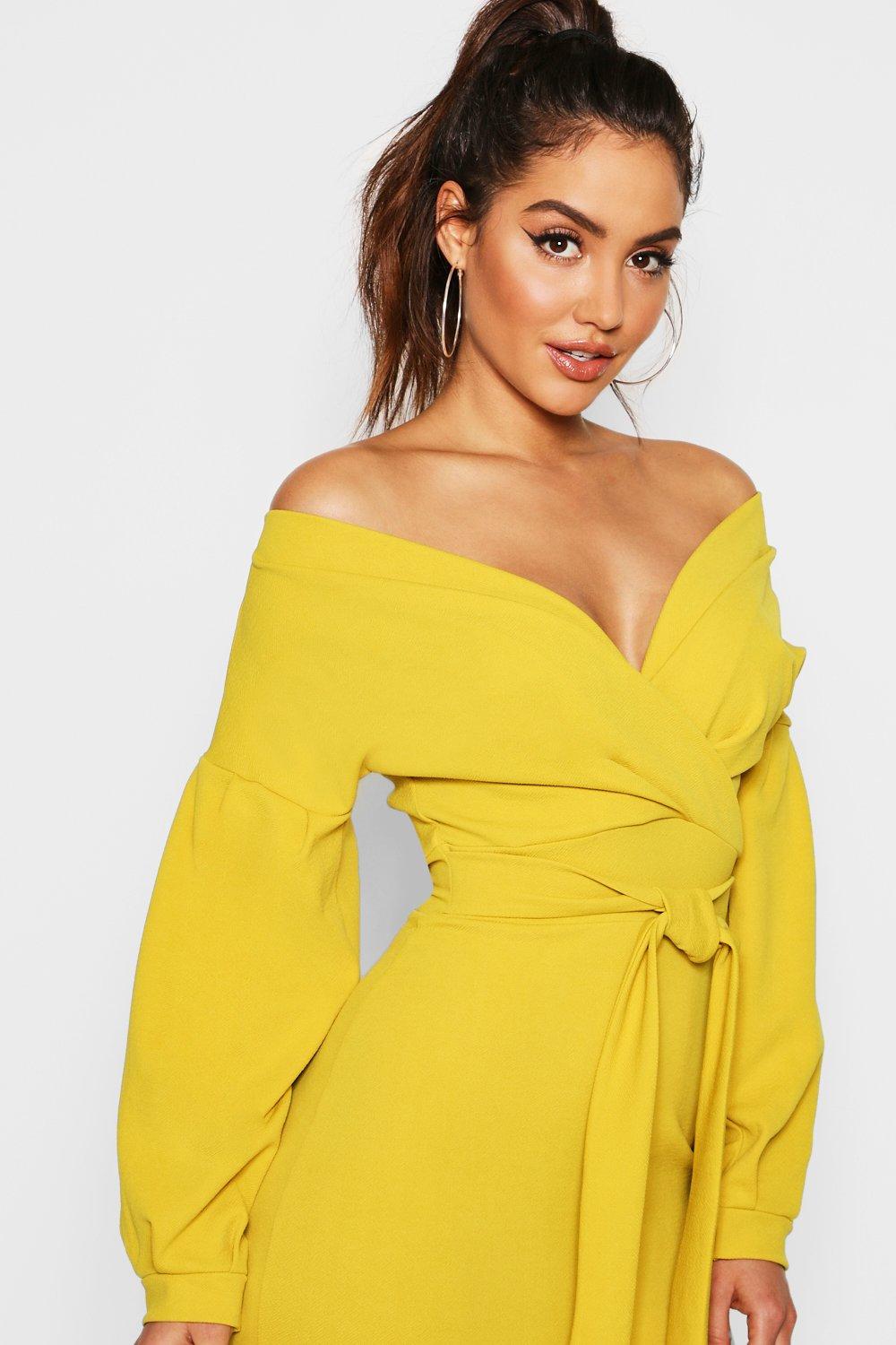 Boohoo off the shoulder wrap midi dress hotsell