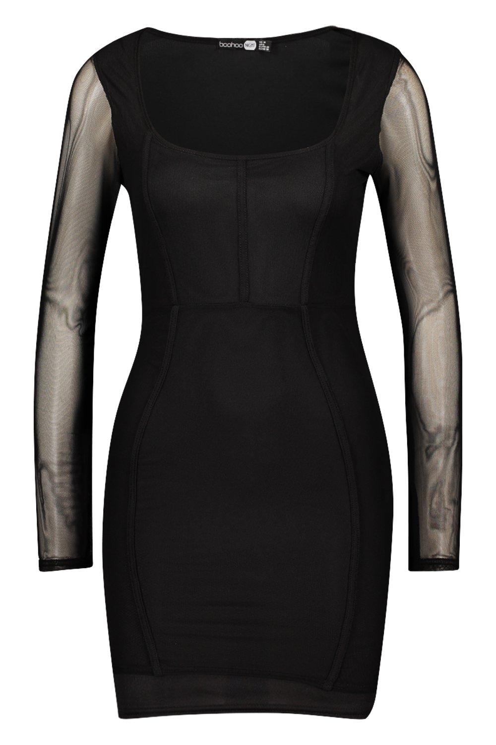 Black sheer mesh square neck binding detail bodycon dress sale