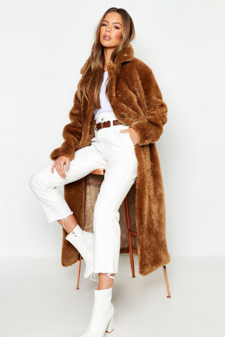 Camel beige Longline Faux Fur Teddy Coat image number 1