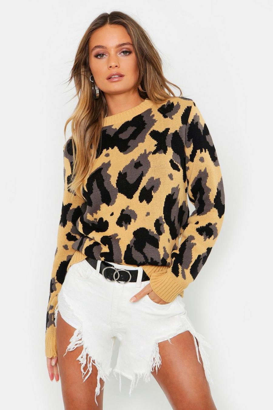 Jersey extragrande con estampado de leopardo, Camel image number 1