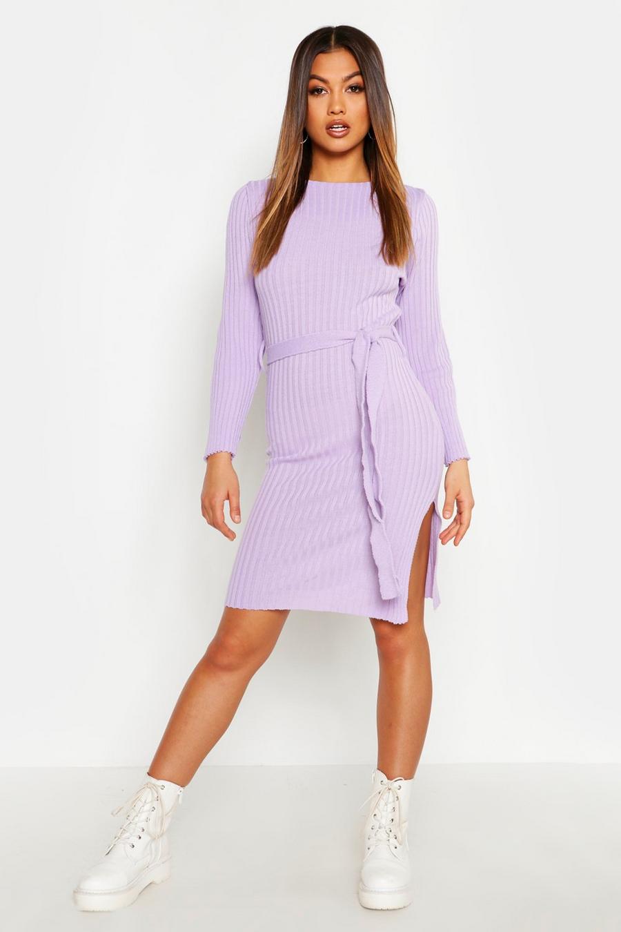 Belted Split Side Knitted Midi Dress, Lilac image number 1