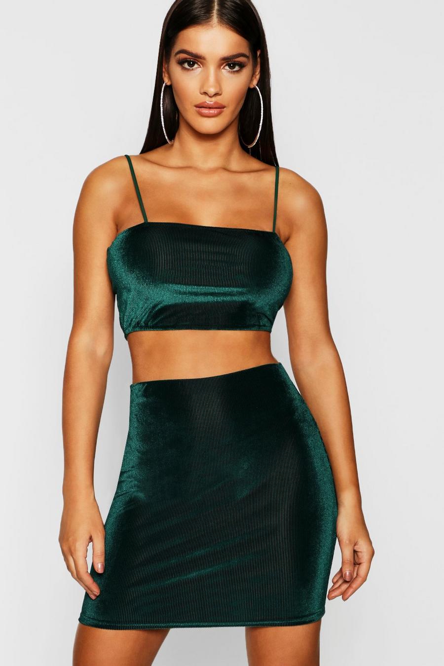 Emerald Velvet Strappy Crop + Mini Skirt Co-Ord image number 1