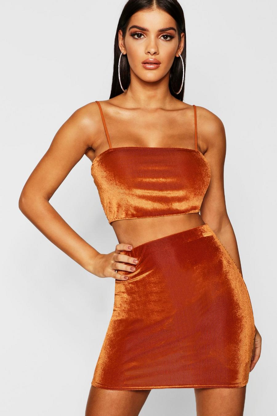 Rust Velvet Strappy Crop + Mini Skirt Two-Piece image number 1