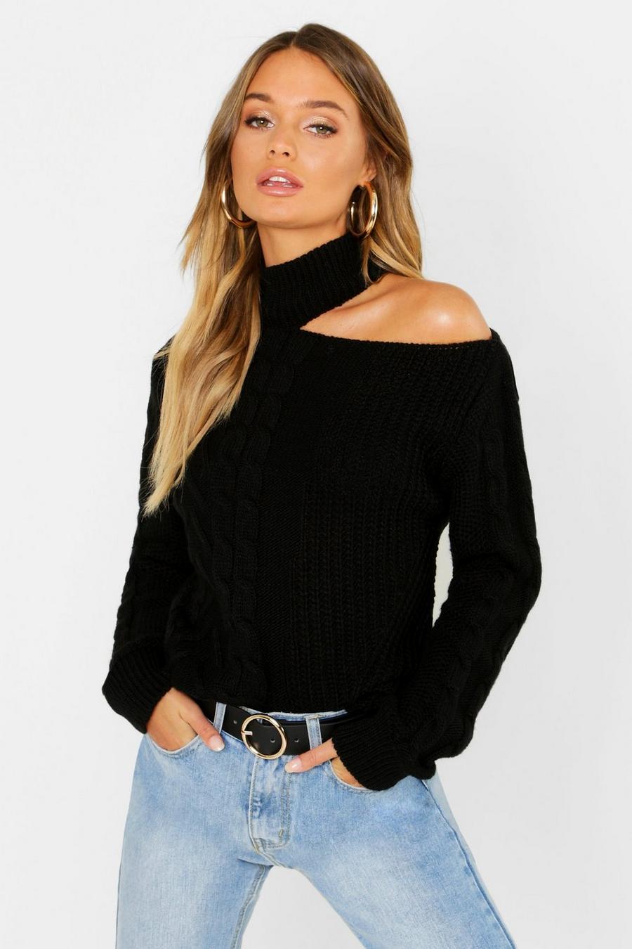 Black Cable Knit Cut Out Shoulder Sweater image number 1