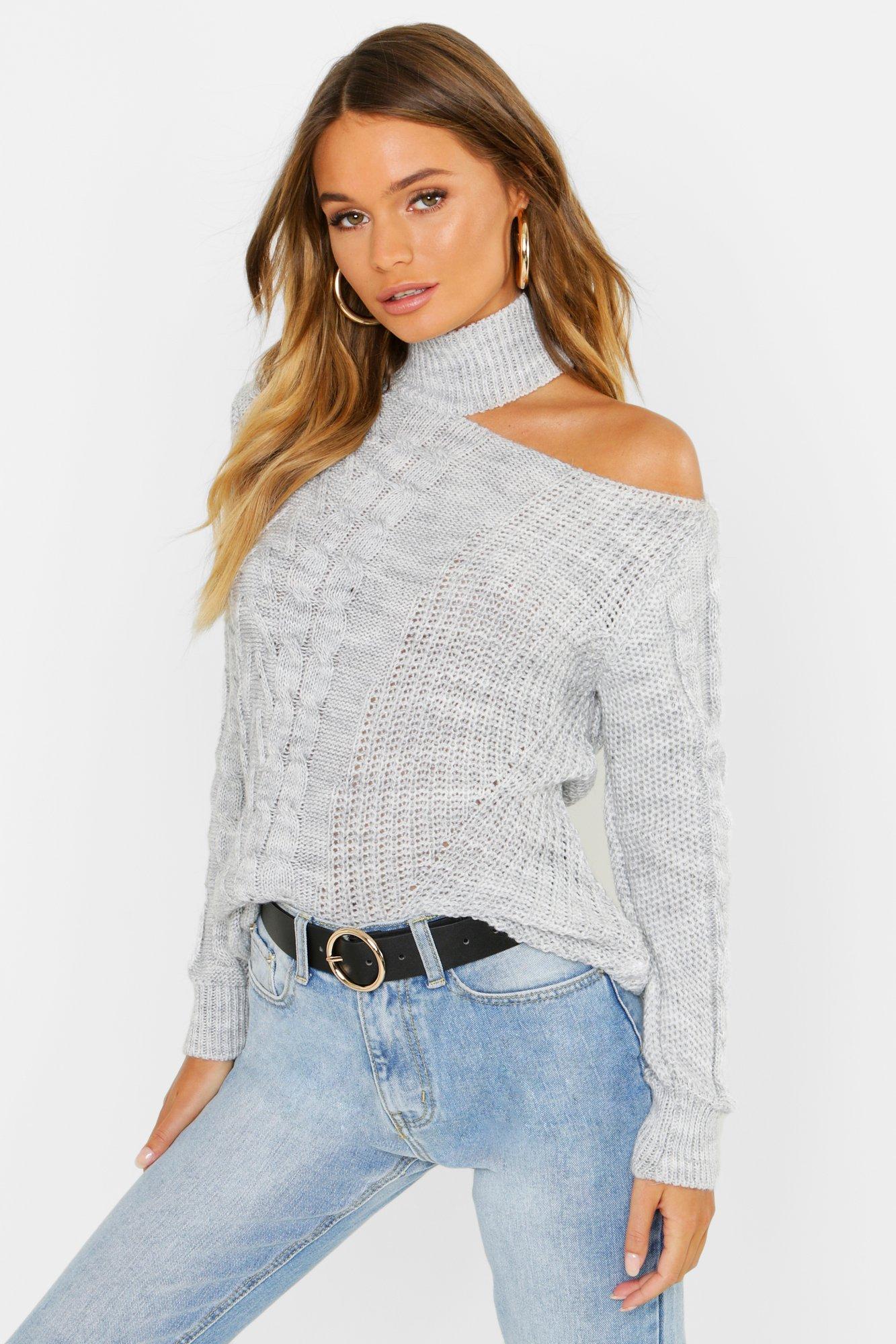 Women s Cable Knit Cut Out Shoulder Jumper Boohoo UK