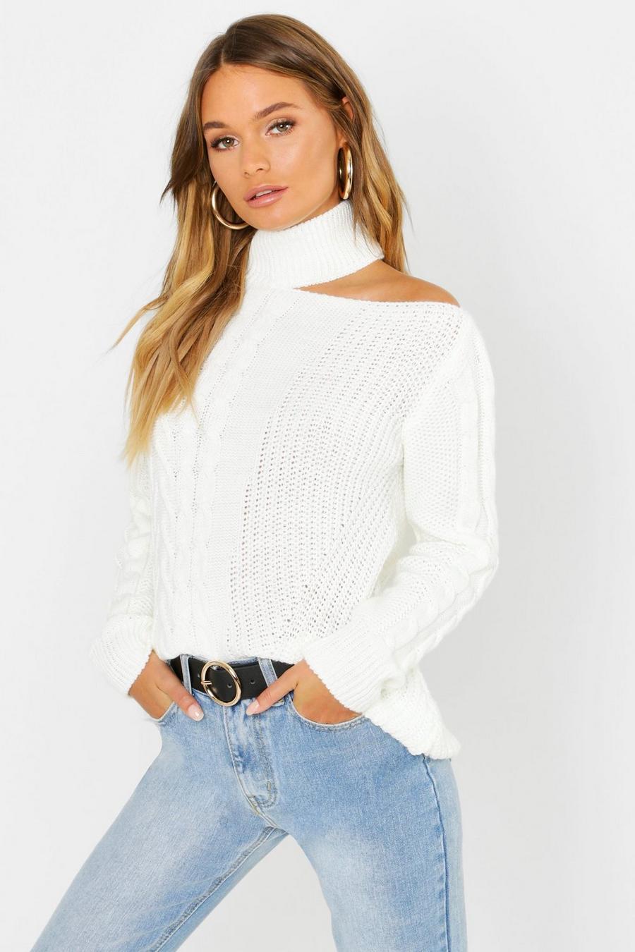 Cream Cable Knit Cut Out Shoulder Sweater image number 1