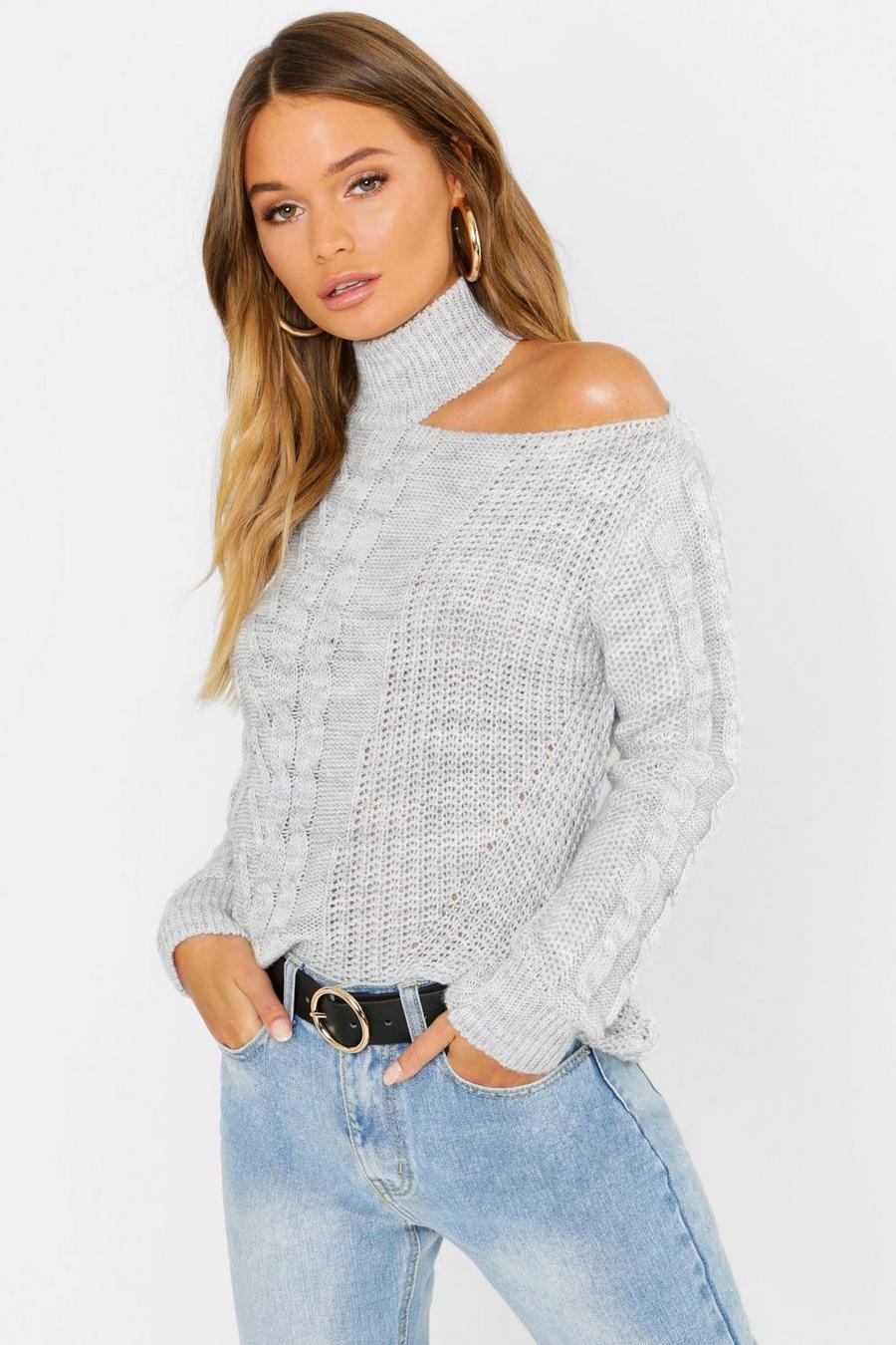 Silver Cable Knit Cut Out Shoulder Sweater image number 1