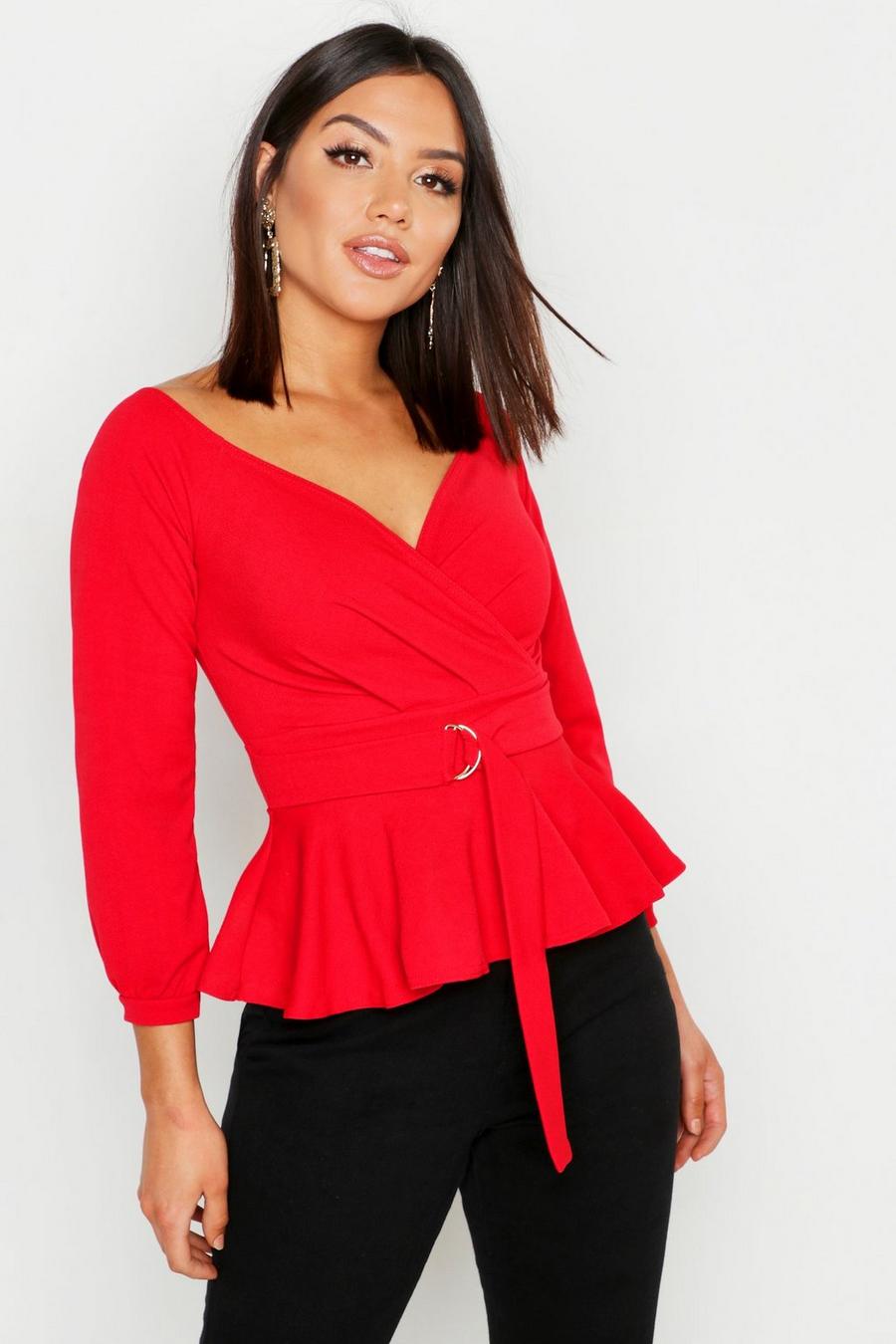 Red Crepe Off The Shoulder Wrap Peplum Top image number 1
