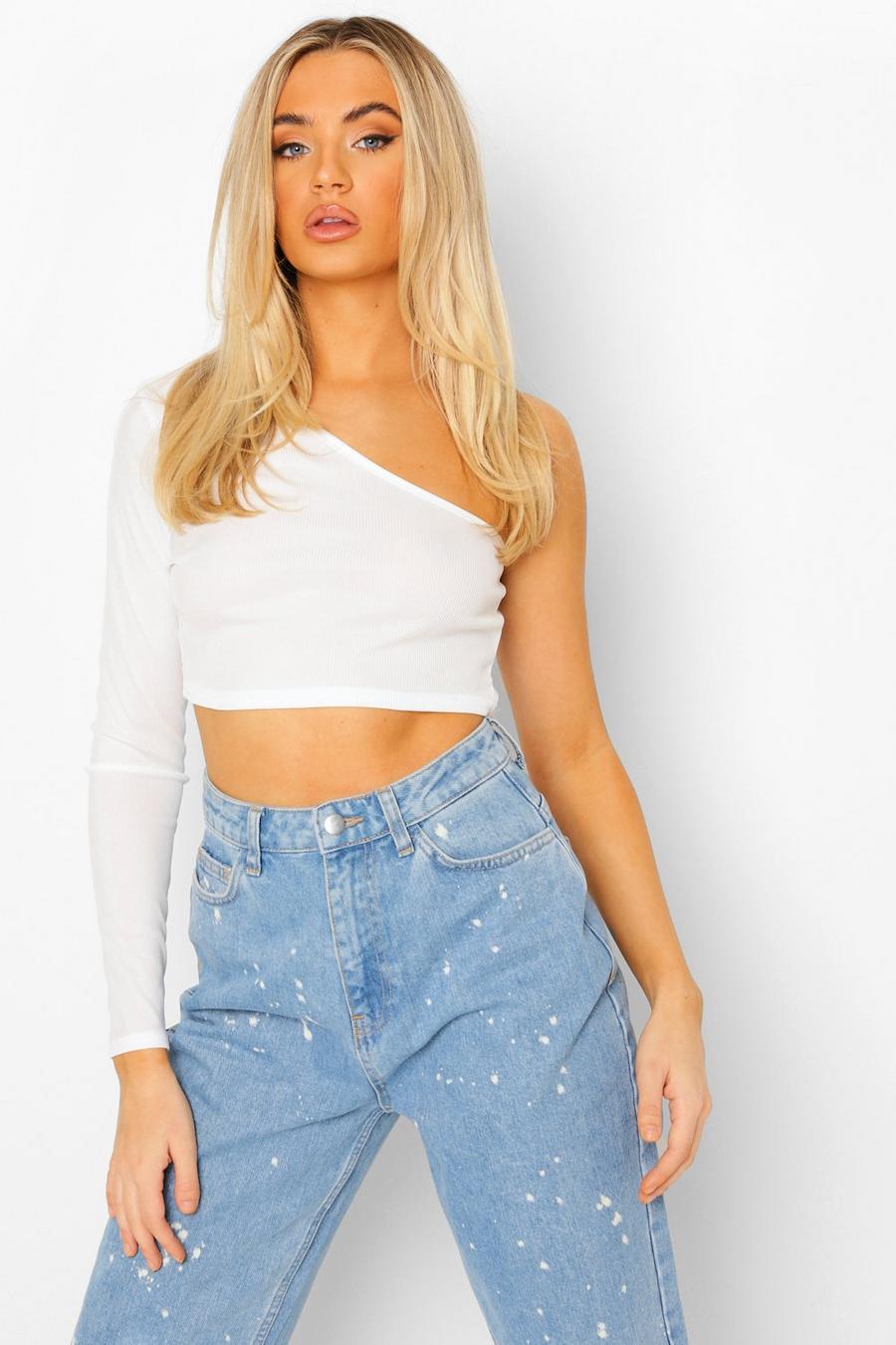 Wit Geribbelde Basic Crop Top Met Blote Schouder image number 1