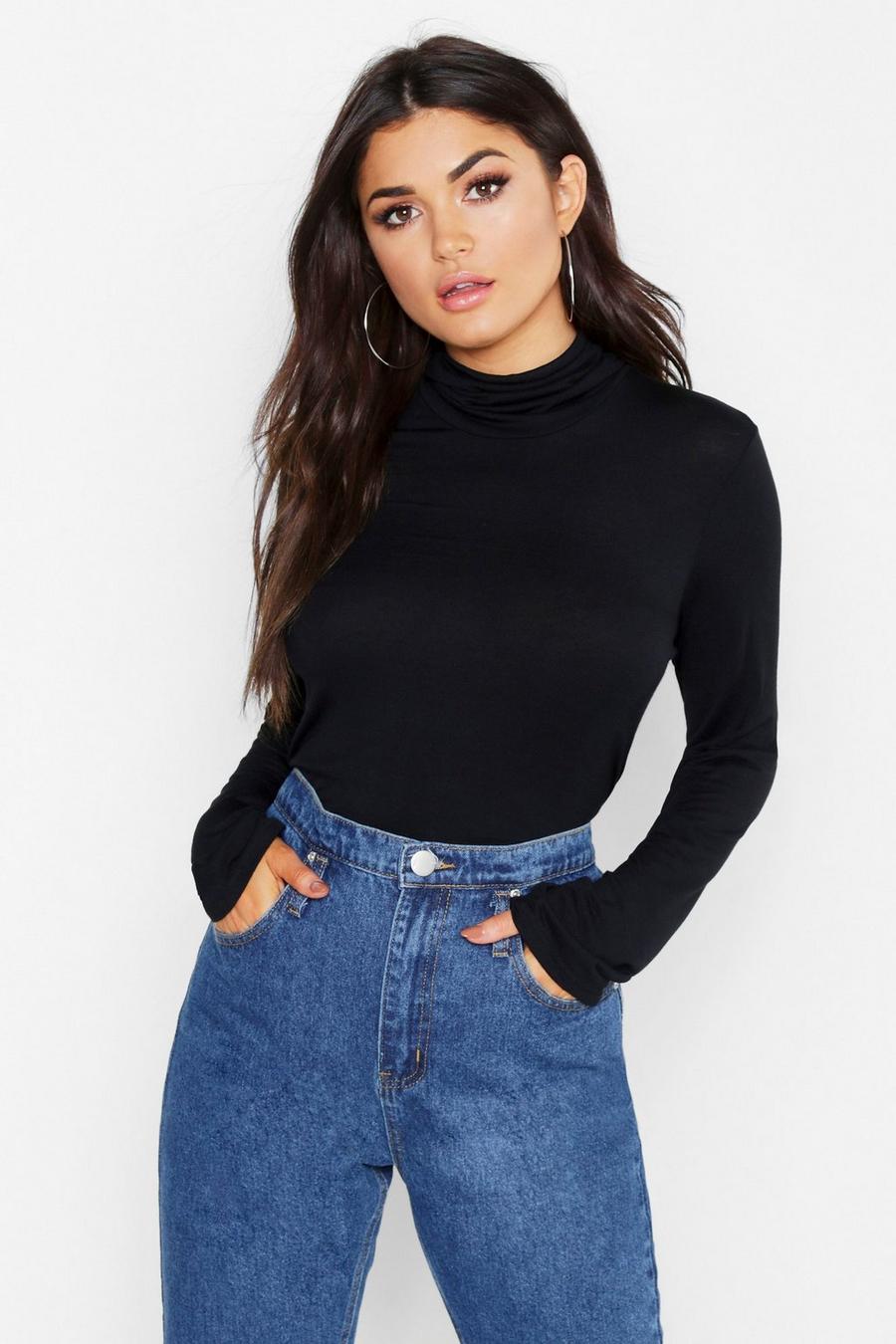 Black Slouch Neck Long Sleeve Top