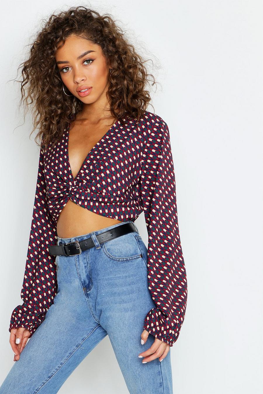 Berry Knot Front Woven Crop Top image number 1