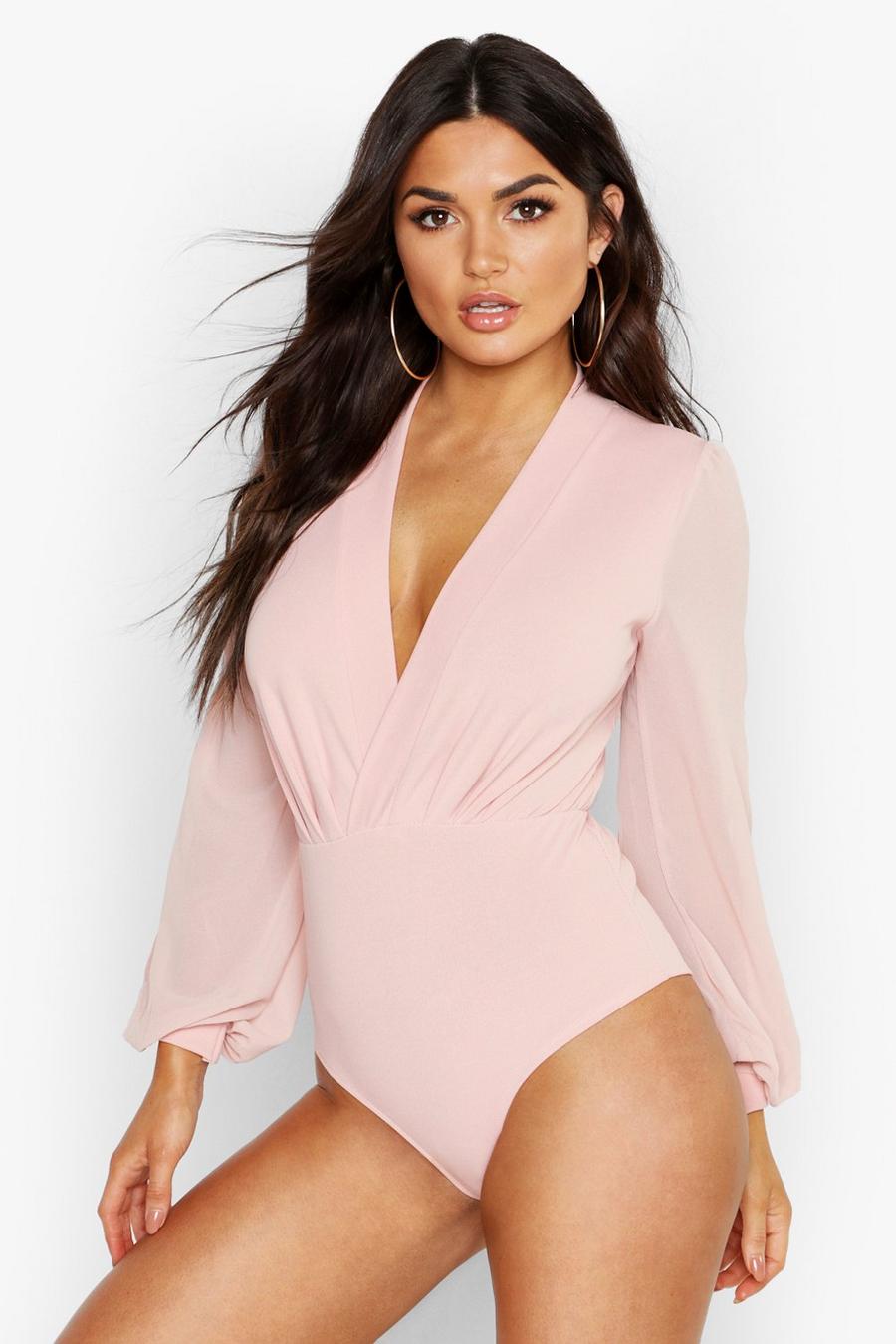 Soft pink Wrap Chiffon Split Sleeve Bodysuit image number 1