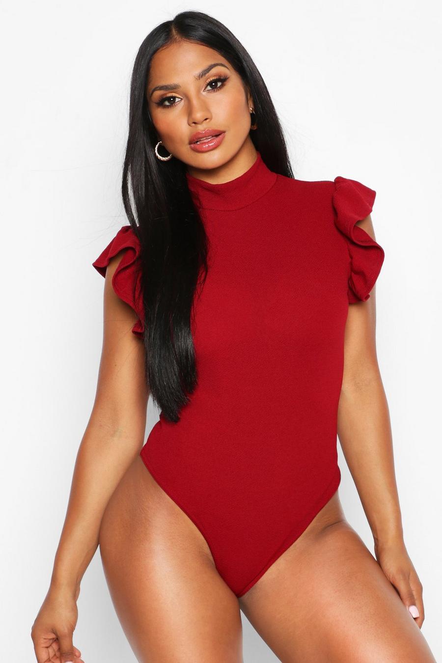 Berry High Neck Frill Sleeve Bodysuit image number 1