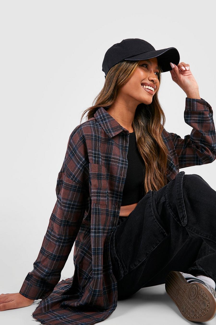 Brown Oversized Frayed Check Shirt image number 1