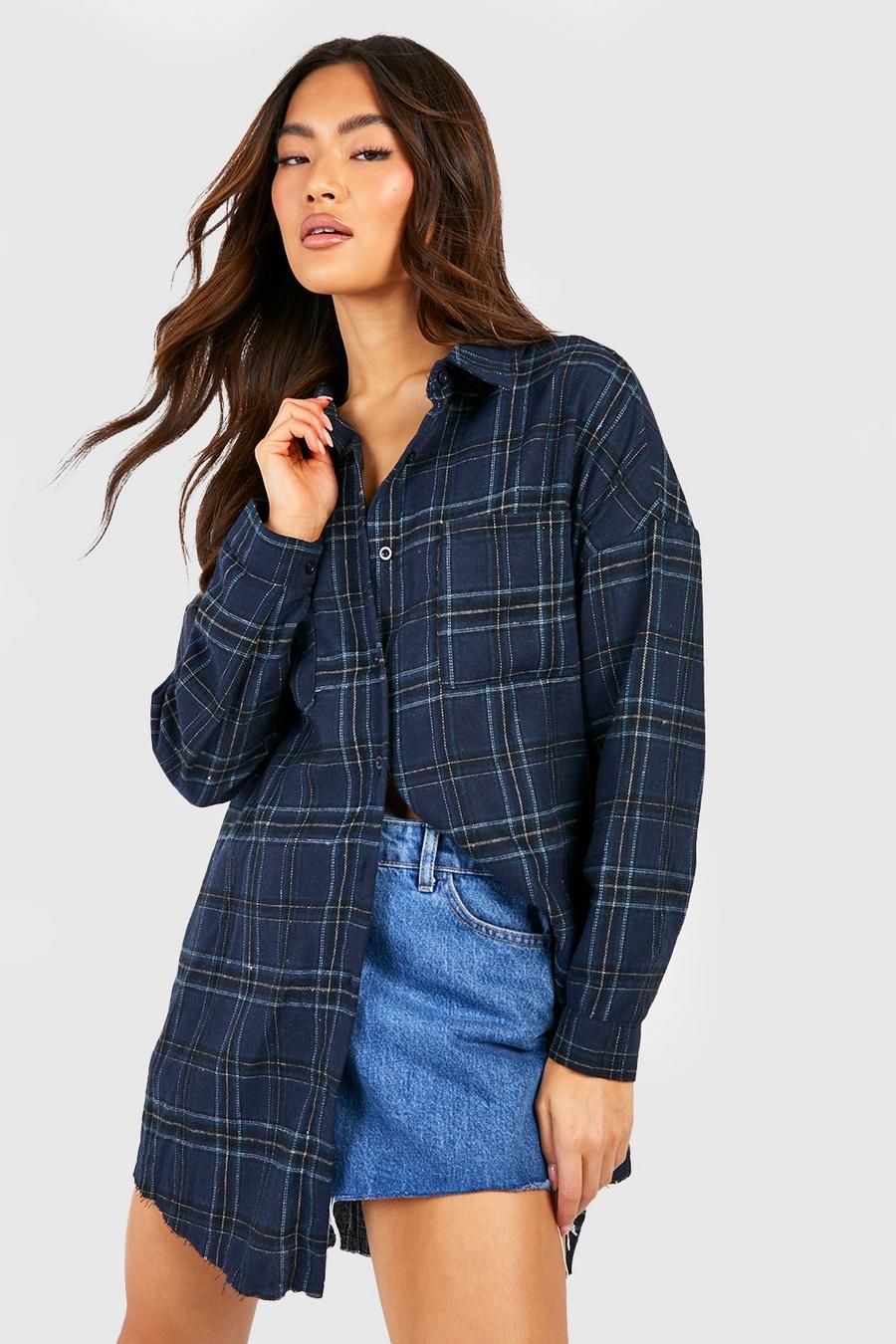 Navy blu oltremare Oversized Frayed Checked Shirt image number 1